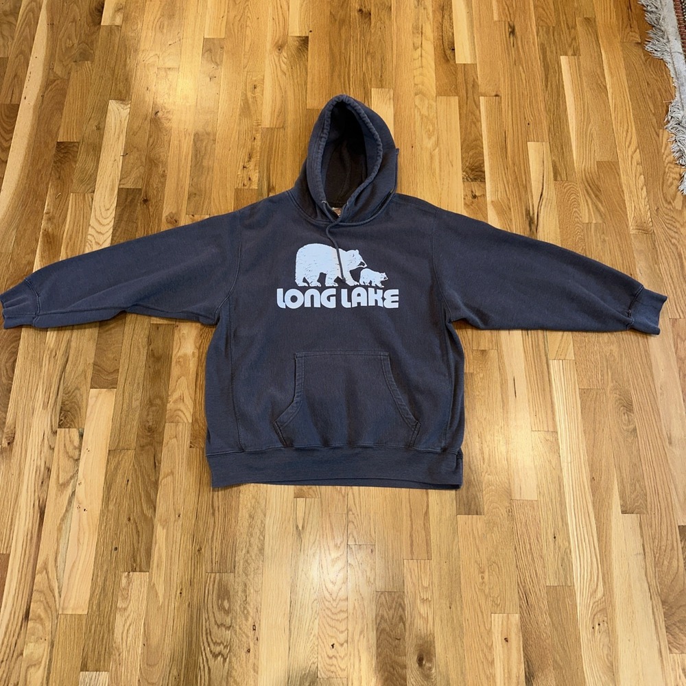 Vtg Pro Weave Long Lake Sweatshirt Men XL Gray Fleece Bear  Pullover‎ Hoodie 80s